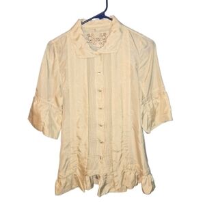 Pete & Greta Johnny Was Ivory Pleated Ruffled Silky Button Down Blouse